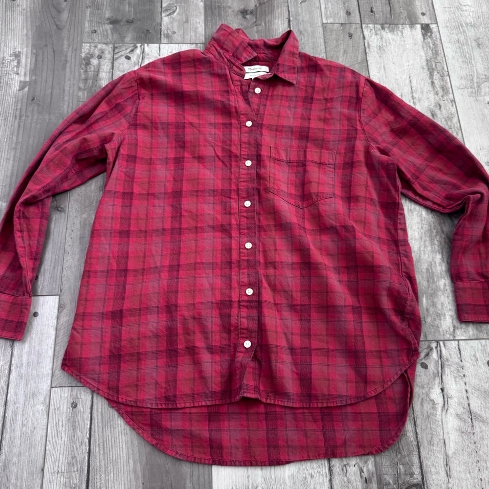 Madewell Oversized Ex-Boyfriend Button Down Red Shirt Chenille Yarn Plaid XS - Picture 2 of 7